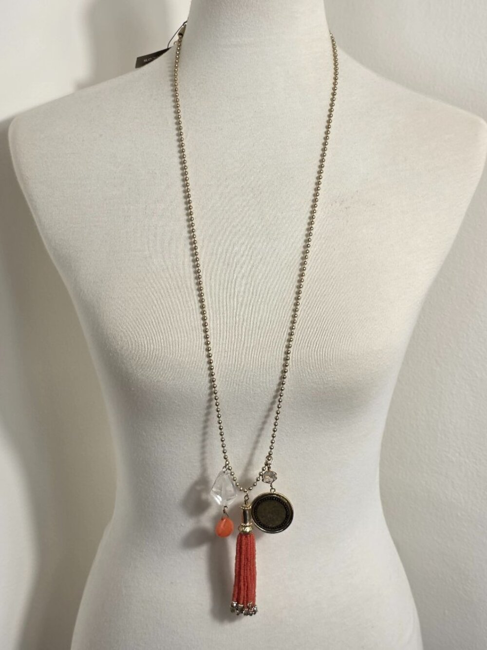 Chico's Beaded Tassel Necklace Gold Tone Dog Tag Ball Chain Beads & Medallion